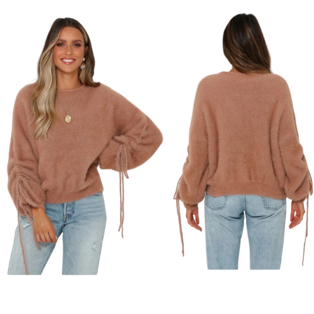 HYFVE Softest Ruched Sleeve Drawstring Sleeve Fuzzy Rose Pink Sweater Top Sz M